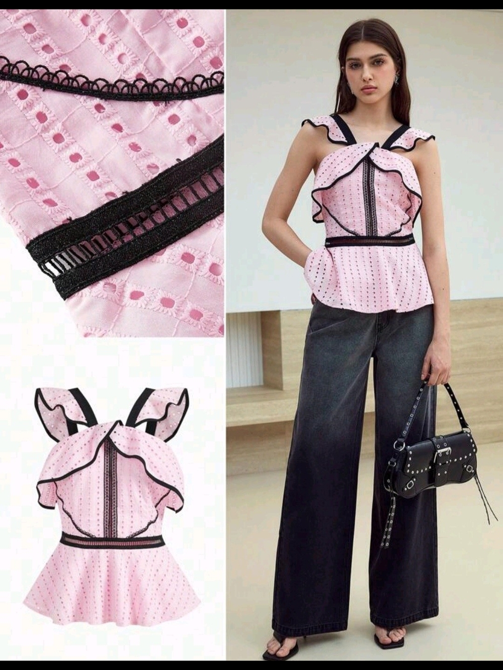 Pink Eyelet Ruffle Peplum Blouse with Black Trim